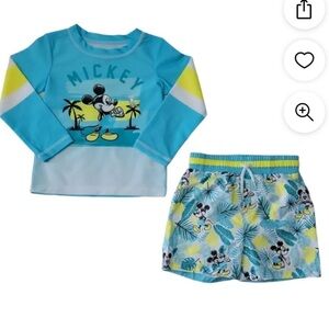NWT Mickey Mouse Boy's 2 Piece UPF+ 50 Long Sleeve Rash Guard & Swim Trunks 4T